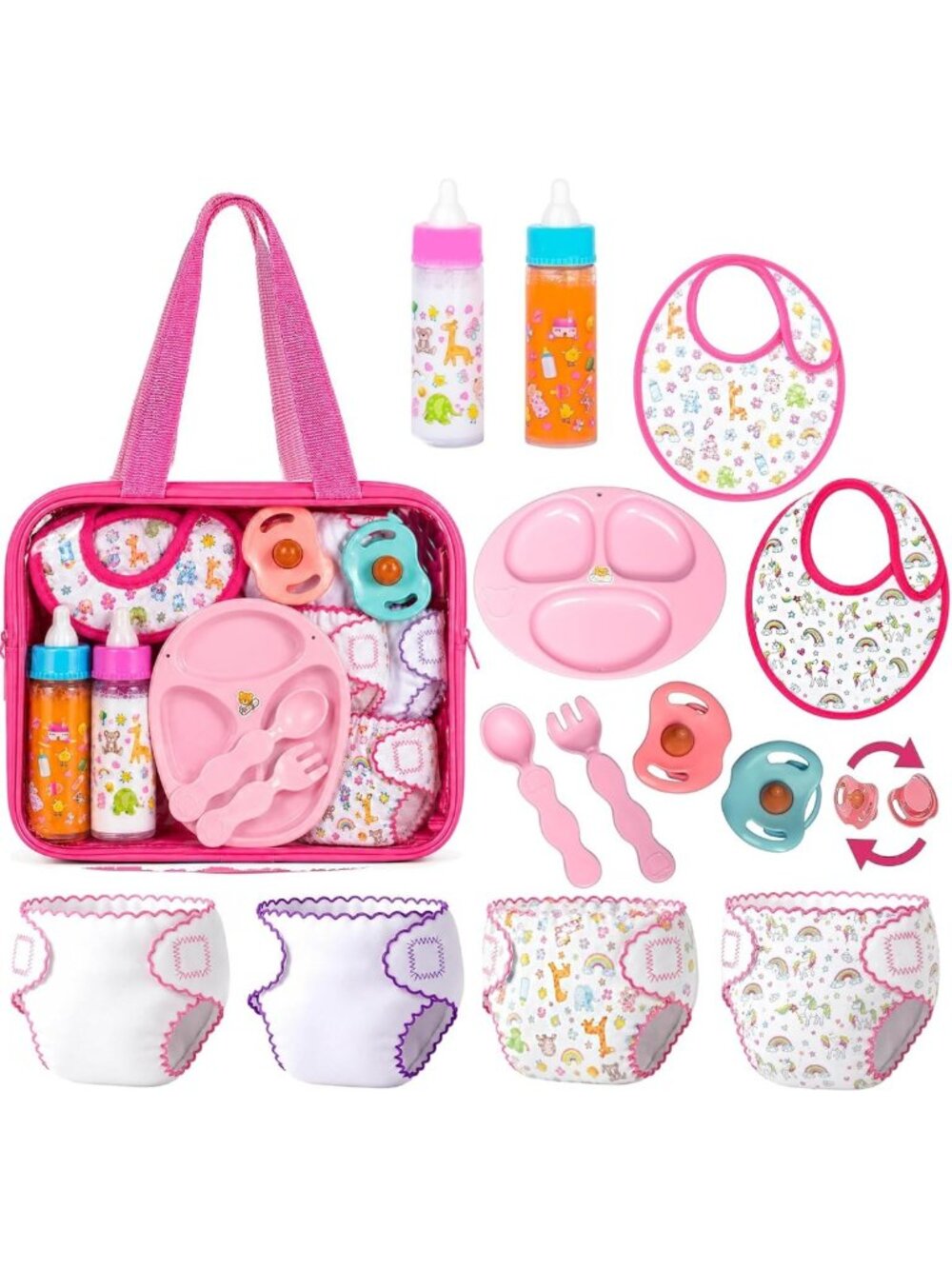 13-Piece Doll Feeding & Diaper Bag Set - Magic Bottles, Diapers, Bibs